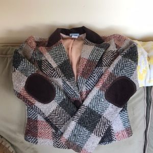 Vintage plaid and velvet blazer Jacket in chocolate brown, orange, grey, tan.